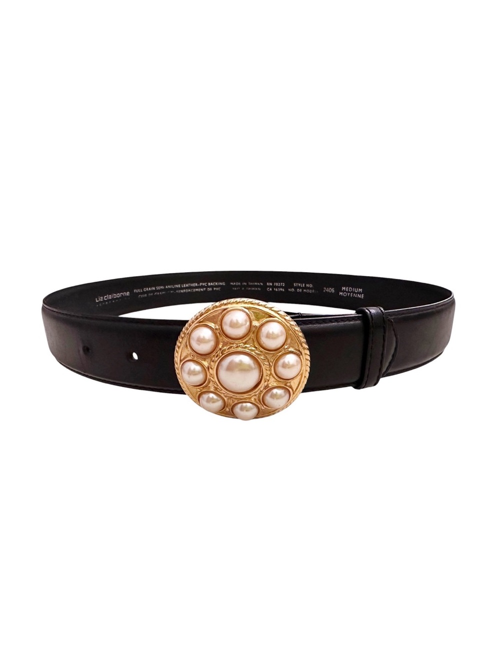Vintage 90s Liz Claiborne Gold And Pearl Medallion Buckle Belt